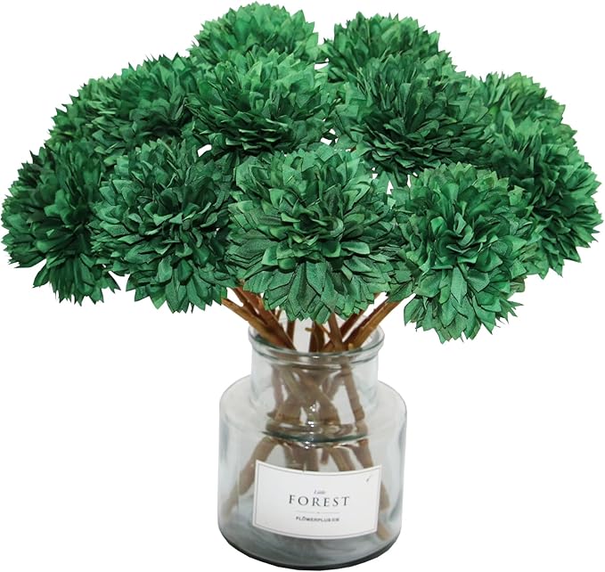 Tinsow 12 Pcs Green Artificial Flowers Faux Ball Chrysanthemum Flowers for St. Patrick's Day Christmas Home Decoration (12, Blackish Green)