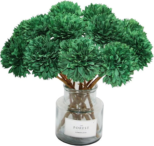 Tinsow 12 Pcs Green Artificial Flowers Faux Ball Chrysanthemum Flowers for St. Patrick's Day Christmas Home Decoration (12, Blackish Green)
