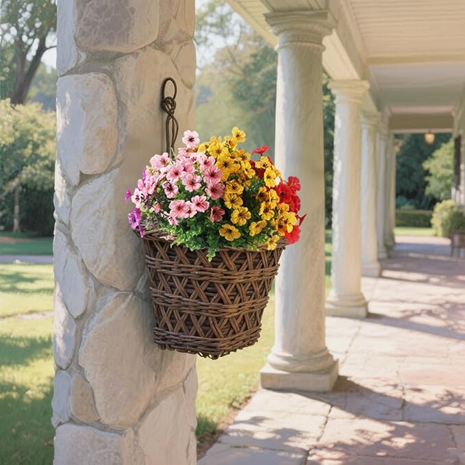12 Bundles Artificial Flowers for Outdoor, UV Resistant Faux Mums with Eucalyptus Leaves Fake Plants for Outdoor Planters Greenery Boxwood Porch Patio Decoration