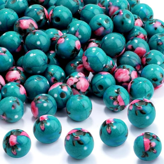 100 PCS 10mm Resin Beads Bulk for Bracelet Making Kit, Pink Flower Printed Round Loose Beads for Jewelry Earring Necklace Rings Art Craft DIY Projects