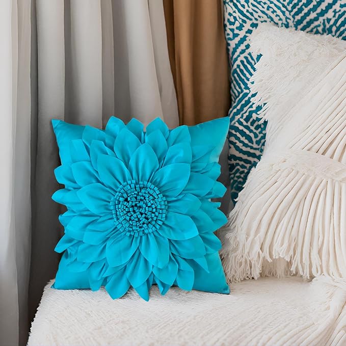 Bella's Giftshop 3D Sunflower Decorative Throw Pillow Covers for Bed Sofa Couch Car, Accent Floral Taffeta Cushion Cover, Handmade Pillow Cases Living Room Decor, 17x17 Inch-Teal/Turquoise