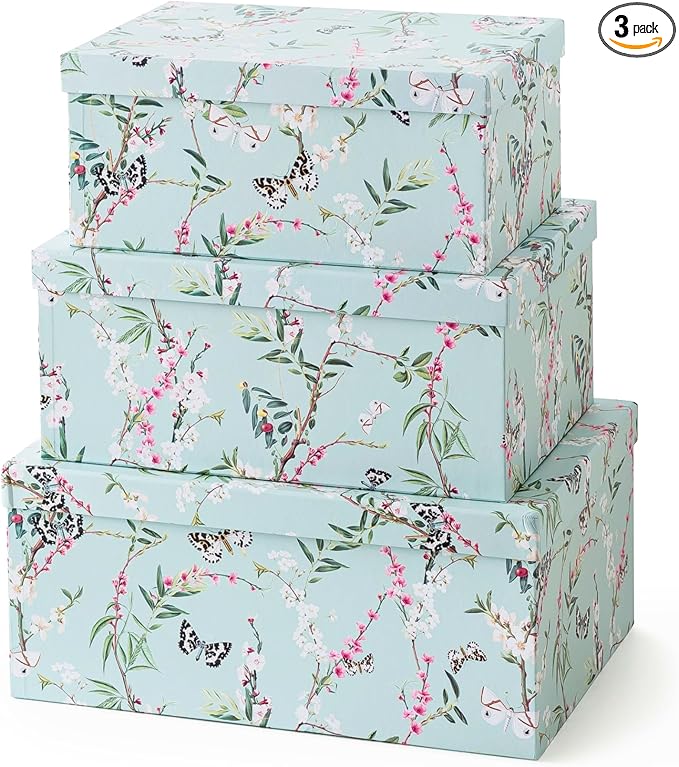 Soul & Lane Butterflies in Flight Photo Storage Boxes (Set of 3): Nesting Boxes with Lids, Floral Decorative Cardboard Containers, Paperboard Picture Storage for Photos, Nature Decor Cartons