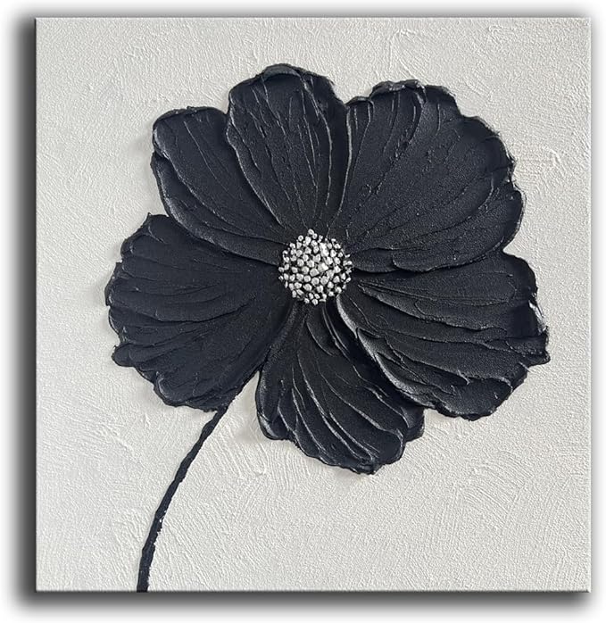 YaSheng Art - Thick Texture Flowers Abstract Oil Painting 100% Hand-Painted Black and White Wall Art Minimalist modern Abstract Art Paintings Home Living room Room Dining Room Bedroom Wall Decorative Art Oil Painting 24x24inch