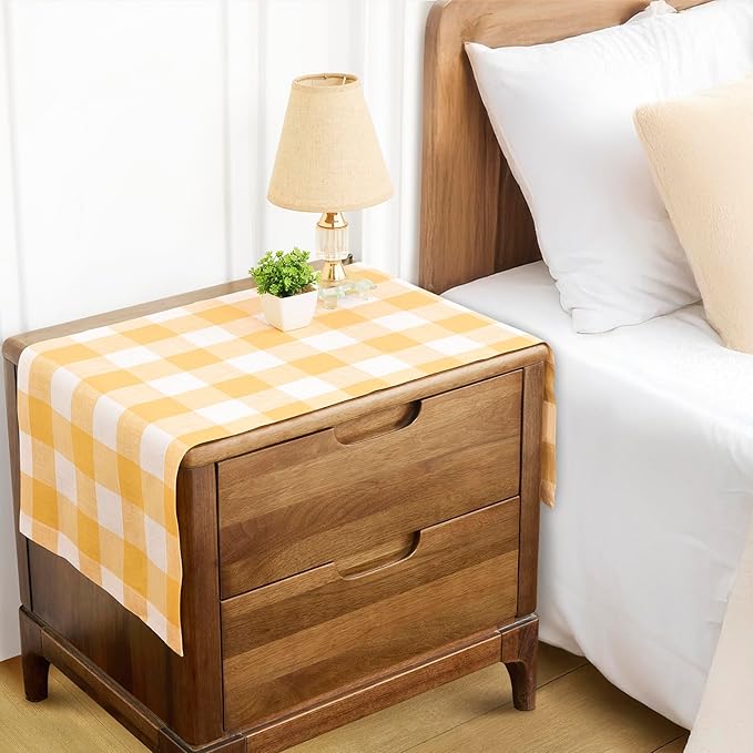 Solino Home Linen Checkered Table Runner 60 Inches - 100% Pure Linen Mustard and White Buffalo Check Table Runner 14 x 60 Inch Ideal for Dresser and Coffee Tables, Spring, Easter
