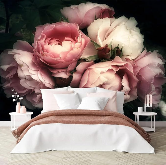 PYFFYP- Pink Peony Floral Wallpaper Rose Flower Wall Mural for Bedroom(Not Peel and Stick)