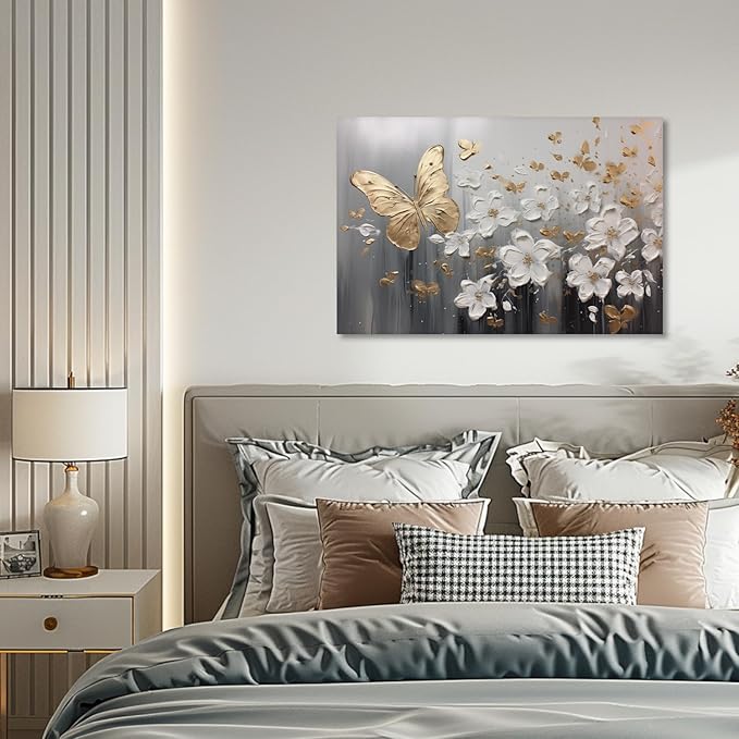 KPLUNDO Glod Butterfly Wall Art White Flower Canvas Prints Wall Decor Gray Poster Landscape Picture Modern Artwork Home Decor for Office Living Room Bedroom Bathroom Decoration(Art-1,12.00x18.00 inch)