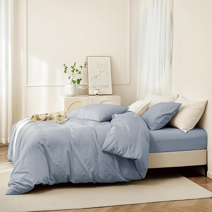 JIYUAN 100% Washed Cotton Duvet Cover Set 3 PCS Oversized King, 1 Duvet Cover 120"x98" (Comforter Not Included) and 2 Pillowcases,Linen Feel Bedding Set Comfy and Breathable, Heathered Light Blue