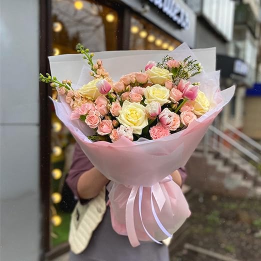 Jutieuo 20 Sheets Light Pink Flower Wrapping Paper, Waterproof Floral Wrap Solid Bouquet Wrapping Paper Florist Supplies (22.8 x 22.8 inch)