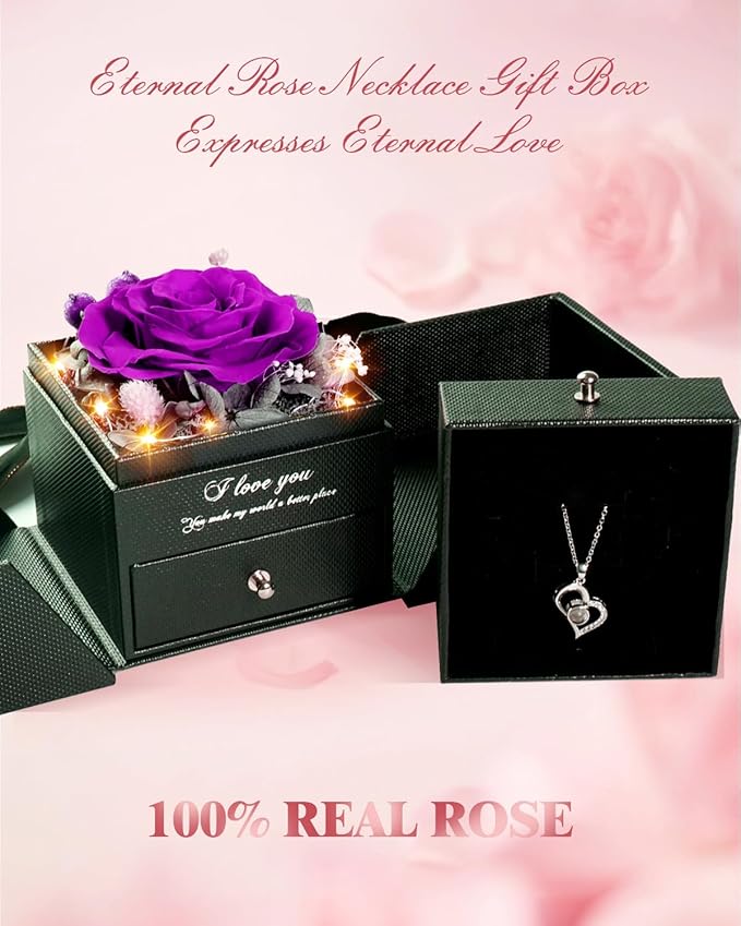 Birthday Gifts for Women, Preserved Real Roses with Heart Necklace I Love You in 100 Languages, Romantic Anniversary Wedding Gifts for Women Her Girlfriend Wife, Forever Roses Necklace Gift Box Purple