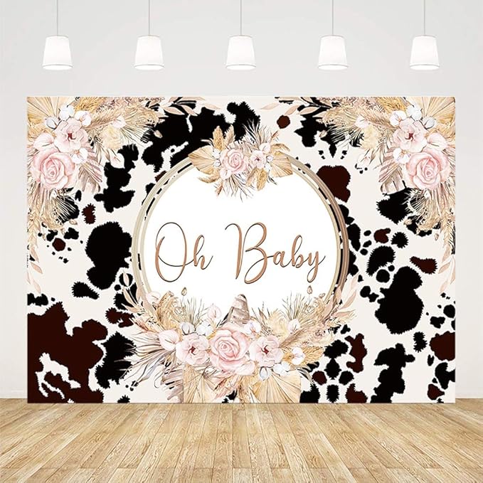 8x6ft Boho Holy Cow Baby Shower Backdrop Oh Baby Black and White Cow Print Bohemia Pink Floral Pampas Grass Photography Background Farm Theme Party Decoration Banner Supplies Photo Studio Props
