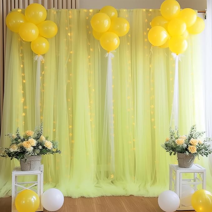 30ft x 10ft Yellow Backdrop Curtain with Lights String for Parties, Sheer Tulle Wedding Photo Backdrops Drapes for Baby Shower Birthday Party Decorations Background for Photography