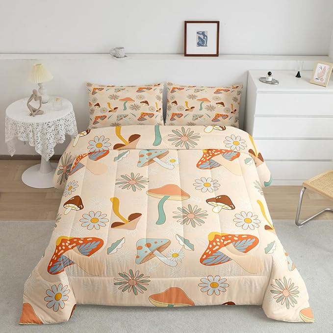 Castle Fairy 60s 70s Retro Mushroom Bedding Comforters King Size,Groovy Flowers Floral Duvet Set for Bedroom Decor,Boho Art Durable Comforter Set with 2 Pillowcases