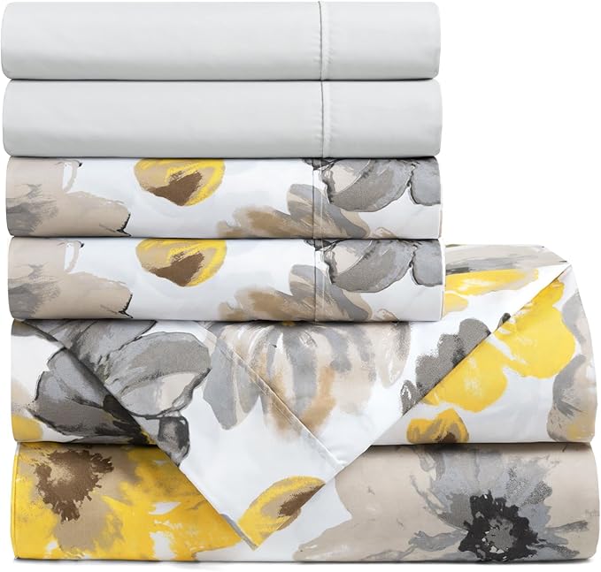 Lush Decor Leah Soft Floral Sheet Set, 6 Piece Set, Queen, Yellow & Gray- Queen Size Sheet Set - Printed Bedding - Watercolor Florals - Farmhouse Décor