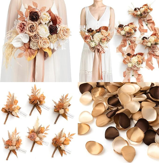 Ling's moment Wedding Artificial Flowers Package, Bridal Bouquet, Bridesmaid Bouquets, Boutonniere for Men, Rose Petals.Boho Dried Rustic Orange