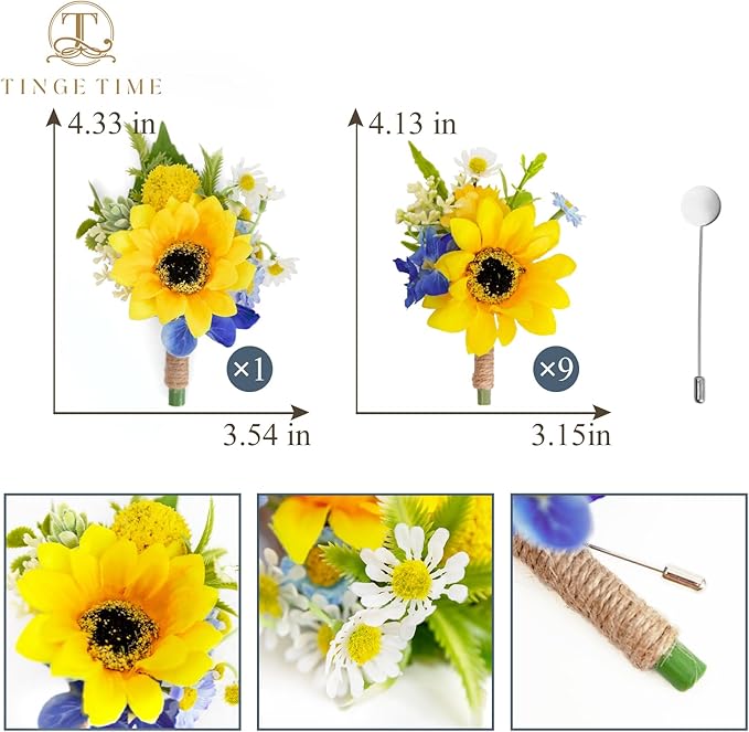 TINGE TIME Boutonniere for Men Wedding,Groom and Best Man Boutonniere for Wedding Ceremony Anniversary, Formal Dinner Party and Rustic Summer Weddings Marriage (Sunflower&RoyalBlue)