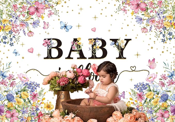 Baby in Bloom Backdrop Wildflower Baby Shower Party Photography Background Spring Floral Gold Glitter Butterfly Banner for Girls Baby Shower Newborn Birthday Party Decorations (94X70 inch (8x6FT))
