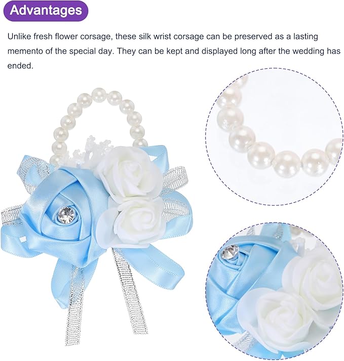 MECCANIXITY 12Pcs Wrist Corsage Artificial Flower Bracelets Rose Wrist Bride Groom Decorative for Wedding Ceremony Prom Party Anniversary Sky Blue
