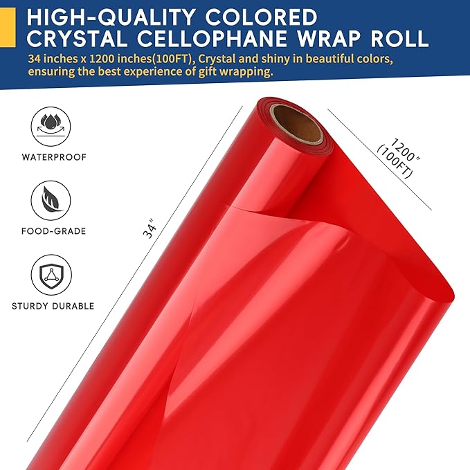 POPGIFTU Cellophane Wrap Roll Red(34 in x 100 ft)- 3 Mil Thicken Translucent Red Cellophane Roll, Large Colorful Cello Wrapping Paper for Gift Basket Treats Wrap DIY Arts Crafts Decoration