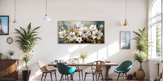 Wall Art Modern Flower Artwork Paintings White Blossom Gold Leaf Butterfly Landscape Picture wall Decor for Living Room Bedroom Kitchen 30"x60" with Framed
