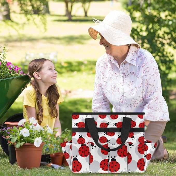 Ladybug Garden Tool Tote Bag for Women Men Gardening Tool Storage Bags with 10 Pockets Standable Garden Home Tool Kits Organizer for Indoor Outdoor Gardening Gifts