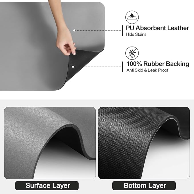 Dish Drying Mat for Kitchen Counter | Coffee Bar Mat for Countertops | Heat Resistant Drainer Mat with Non-slip Rubber Backed | Hide Stain Kitchen Absorbent Draining Mat | Grey 18"x28"