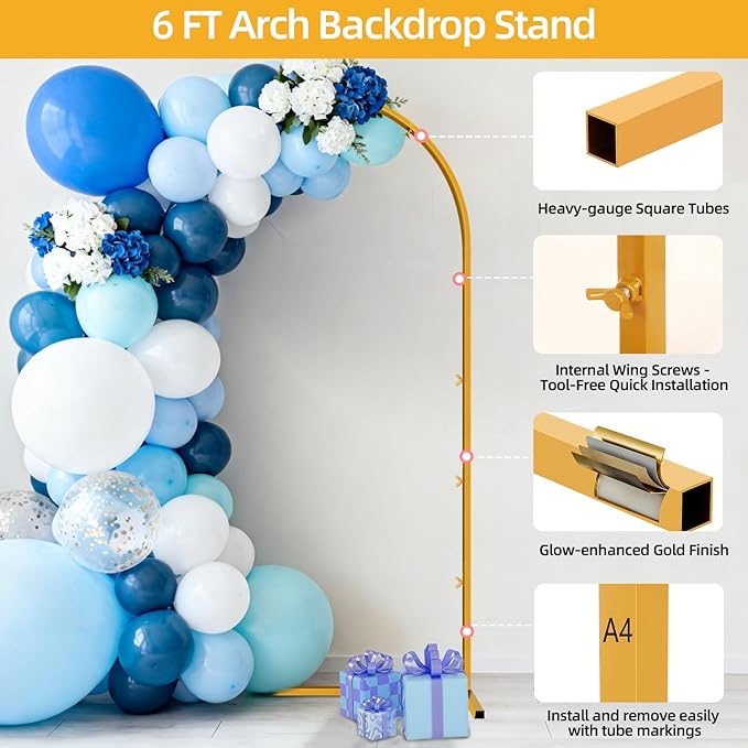 6 FT Wedding Arch Frame Backdrop Stand for Party, Balloon Arch Stand, Wedding Arches for Ceremony, Metal Gold Arch Frame Backdrop Stand for Bridal Baby Showers Birthday Decoration Photo