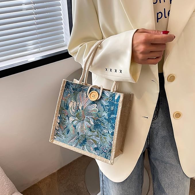 Women Tote Bag,2Pcs Jute Casual Tote's Handbag Embroidered Personalized Bento Bag,Reusable Grocery Bags Shopping Bags