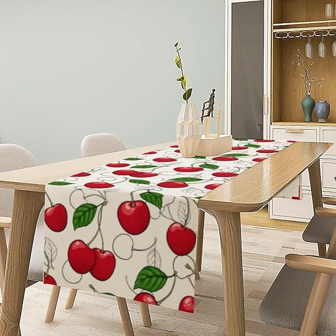 Red Cherry Table Runner,Spring Summer Fruit Tropical Birthday Party Decorations Dining Room Home Kitchen Table Decor 13 x 108In