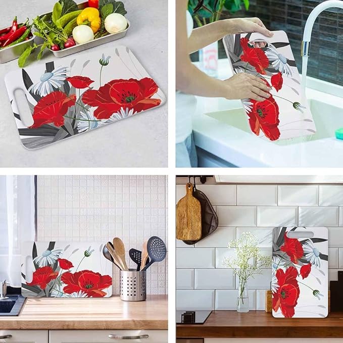 Flowers And Leaves Cutting Boards Red White Summer Cutting Boards Kitchen Chopping Board with Handles Non Slip Plastic 16 x 10 x 0.24 Inch