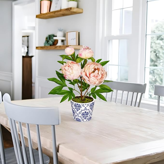 Briful Faux Peony Flowers in Blue and White Ceramic Pot – 13.8" Realistic Silk Peonies Artificial Peony Floral Arrangement Fake Potted Peony Flowers for Home Office Room Desk Shelf Decor(Pale Pink)