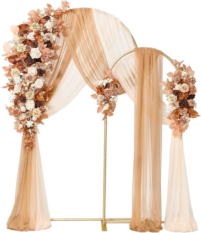 Ling's moment Wedding Arch Backdrop Stand with Flowers - 7.2FT, 6FT Set of 2 Metal Arch Frame with Drapes for Ceremony Decorations - Artificial Floral for Birthday Party, Baby Shower, Rust Boho