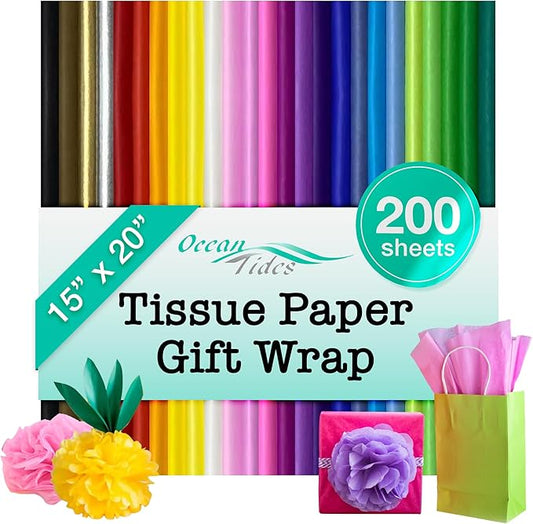 Ocean Tides 200 Sheets (14 x 20 Inches) Christmas Wrapping Paper – Gift Wrapping Tissue Paper Bulk for Crafts, Birthdays, & Holidays – Colored Tissue Papers for Gift Bags & Decorations, Assorted