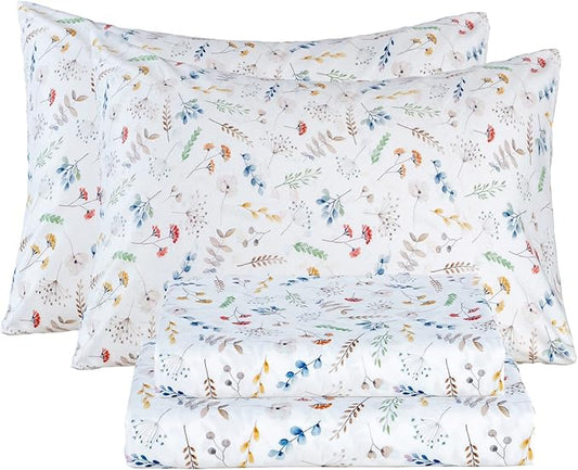 Bedlifes Queen Sheet Set Ultra Soft, Breathable, Silky Flower Deep Pocket 100% Microfiber Bedding, 4 Piece Queen Size White Floral