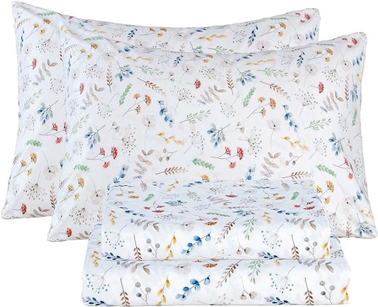 Bedlifes Twin Sheet Set Ultra Soft, Breathable, Silky Flower Deep Pocket 100% Microfiber Bedding, 3 Piece Twin Size White Floral