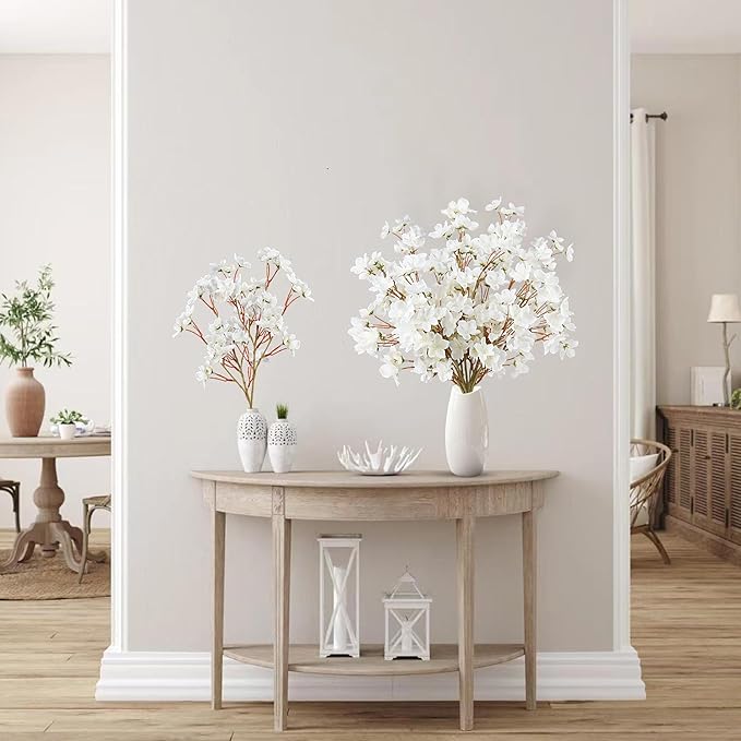 Sggvecsy Artificial Cherry Blossom Flowers 6 Pcs Faux Cherry Blossom Stems Faux Silk Cherry Blossom Branches 15.7’’ Fake Peach Flowers for Vase Arrangements Home Wedding Table Decor (White)