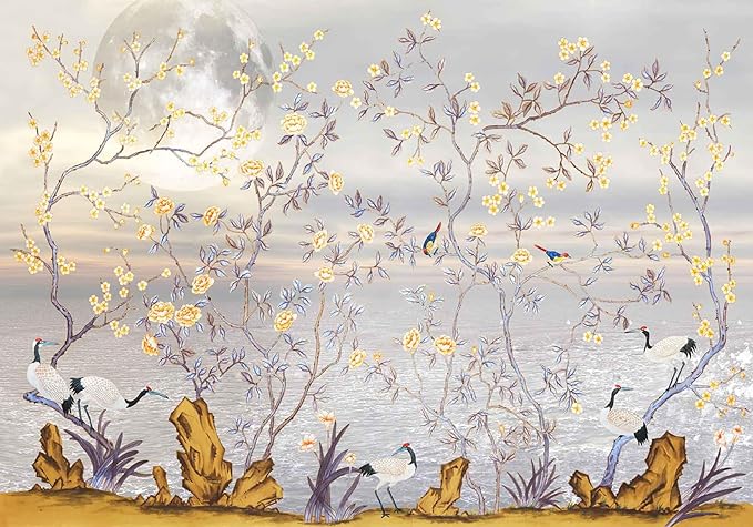 Flowers and Birds Wallpaper Riverside Landscape Wall Mural with Crane and Moon for Bedroom Living Room(Not Self-Adhesive)