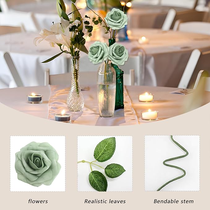 Artificial Flowers 50Pcs Elf Gree Roses Real Looking Foam Fake Roses with Leaves for DIY Wedding Bouquets Bridal Shower Centerpieces Party Decorations (Elf Green, 50)