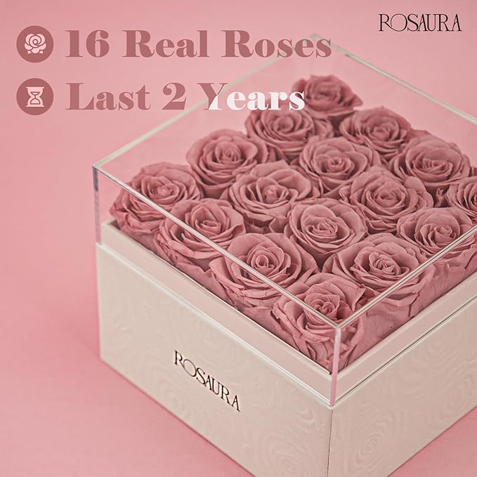 Rosaura Square Preserved Roses Gift Box - Real Forever Flowers in Clear Acrylic Lid, Valentine's for Women (Cappuccino, 16 Roses)