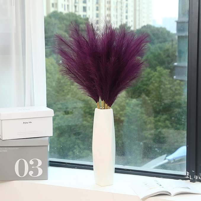 9 Stems Purple Pampas Grass - 38 Inch Tall Faux Pompous Grass Decor, Big Artificial Pompas Floral for Vase Filler, Wedding, Party and Home Decor (Purple)