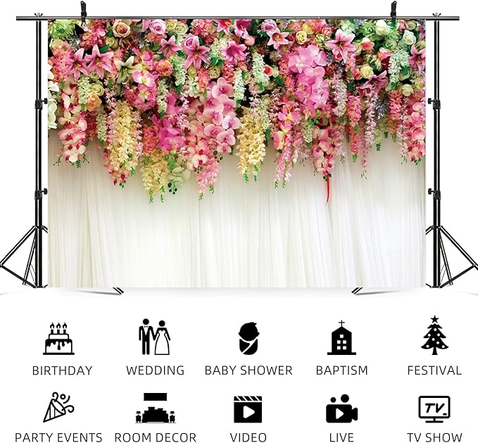 15x10ft Pink Floral Backdrop White Curtain Wedding Reception Photography Background Colorful Flowers Anniversary Bridal Shower Decorations Birthday Party Baby Shower Portrait Photo Booth Prop