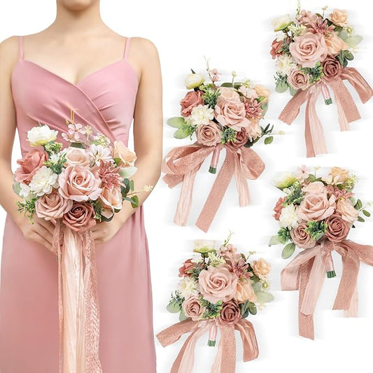 TINGE TIME 7 Inch Wedding Bouquets for Bridesmaid, Set of 4, Artificial Flowers Cascading Bridal Bouquet for Wedding Ceremony Anniversary, Bridal Shower and French Rustic Vintage Wedding (DustyRose)