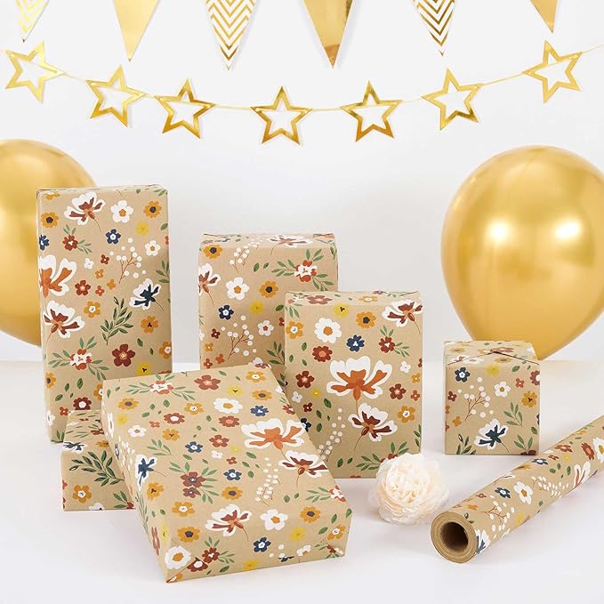 WERNNSAI Floral Kraft Wrapping Paper Roll - 1 Roll 17”x 33 ft Flower Bouquet Wrap Favor Brown Gift Wrap Paper Kids Adults Wildflower Decorative Art Supplies for Wedding Spring