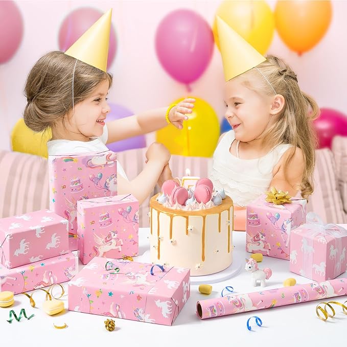WERNNSAI Unicorn Gift Wrapping Paper - 1 Roll 17”x 33 ft Unicorn Birthday Wrapping Paper Pink Girl Gift Packing Supply Baby Shower Princess Theme Party Favor
