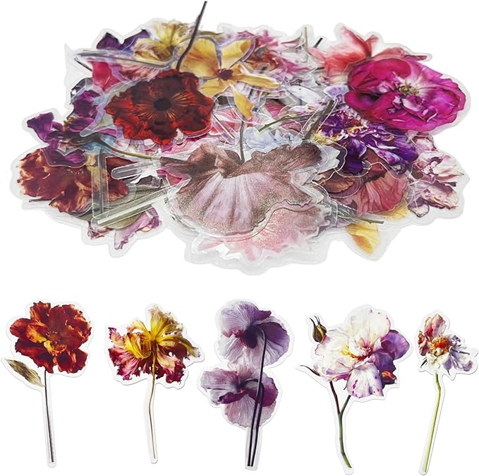 Transparent Flower Stickers for Scrapbooking PET Nature Plant Stickers Floral Stickers Vintage Craft Sticker Colorful Small Flower Sticker for Journaling Scrapbooking Clear Flower Decals(Style C)