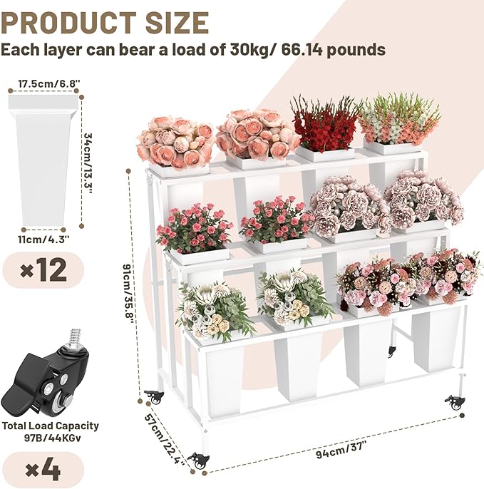 Flower Cart Display Stand for Shops & Weddings – Rolling 3-Tier Flower Bar Cart with 12 Buckets and Hooks – Ideal for Garden and Event Decoration