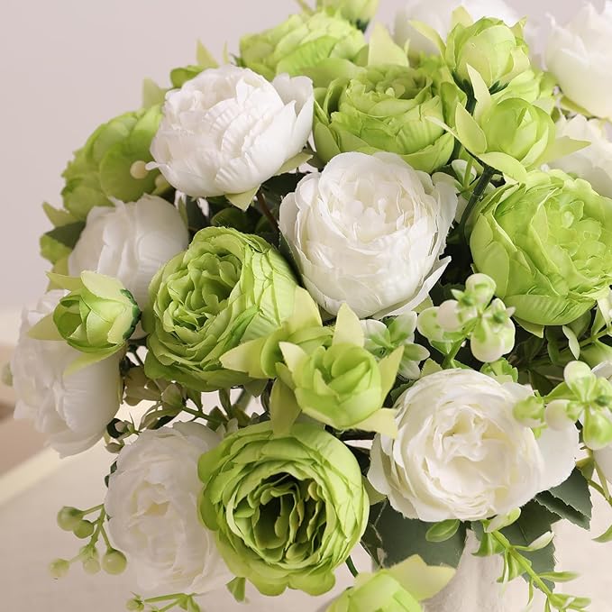 Floweroyal 2 Bunches Peony Artificial Flowers Green Flowers Silk Peonies Bouquets for Wedding Party Table Centerpieces Floral Arrangement Home Kitchen Decor