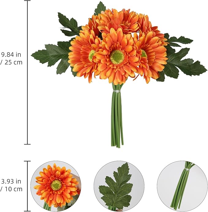IPOPU 2 Bundles Fall Artificial Gerbera Daisy Flowers 14 Heads Orange Fake Daisy with Stems Faux Silk Daisy Flowers for Wedding Bridal Bouquet Party Floral Arrangements Home Decoration (Orange)