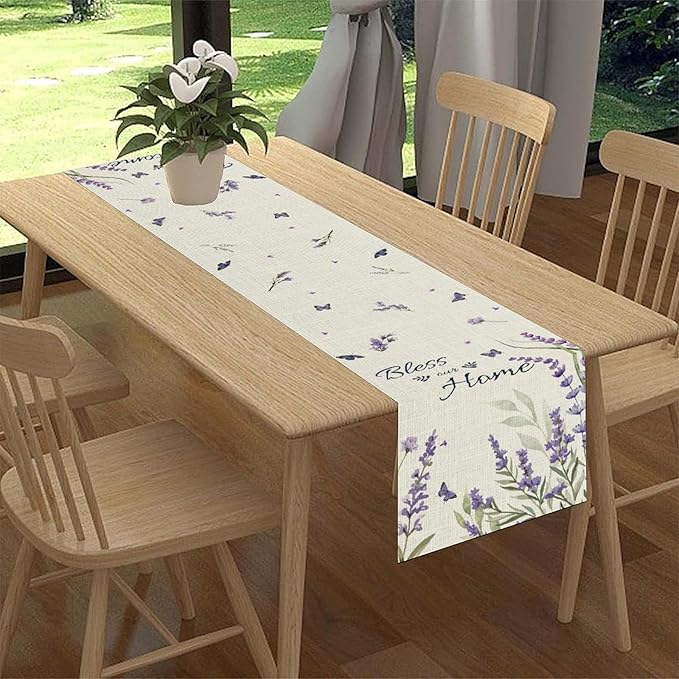 Purple Floral Table Runner, Spring Summer Watercolor Lavender Flower Wildflower Country Farmhouse Coffee Table Center Decor for Home Kitchen Dining Patio Holiday Party Table Decorations 13x36 inches