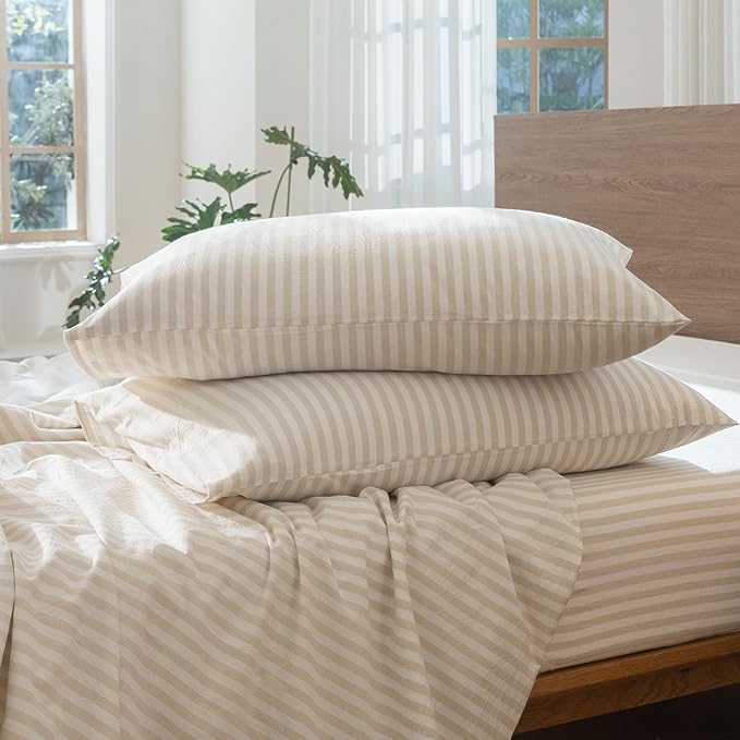 MooMee Striped Duvet Cover Set 100% Washed Cotton Linen Like Textured Breathable Durable Soft Comfy (Almond Milk Grey Classic Stripes, Queen 90"x90")