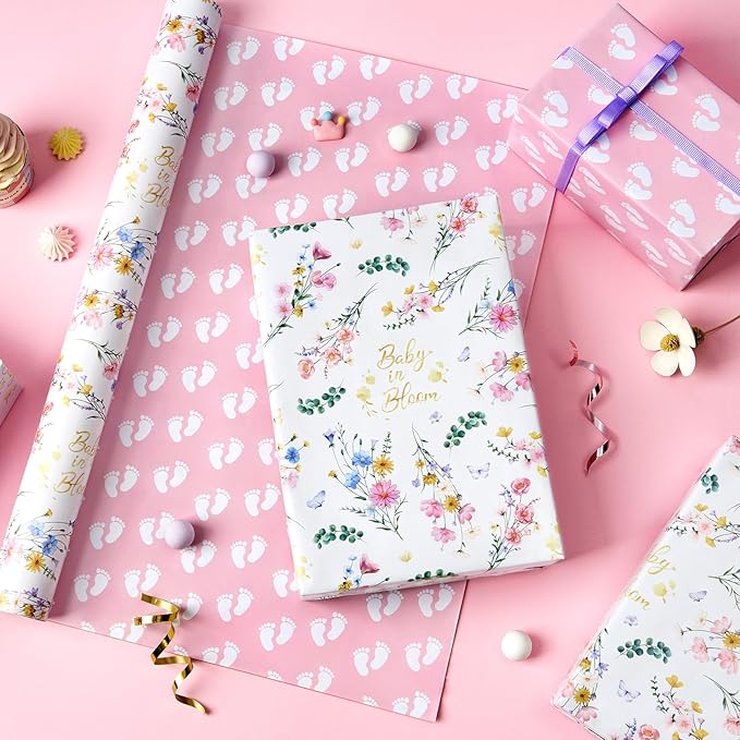 WERNNSAI Baby Wrapping Paper - 1 Roll 17 in x 16.4 ft Baby Shower Wrapping Paper Newborn Girls Gift Wrap Pink Reversible 1st Birthday Present Packing Decoration Foot Prints Design